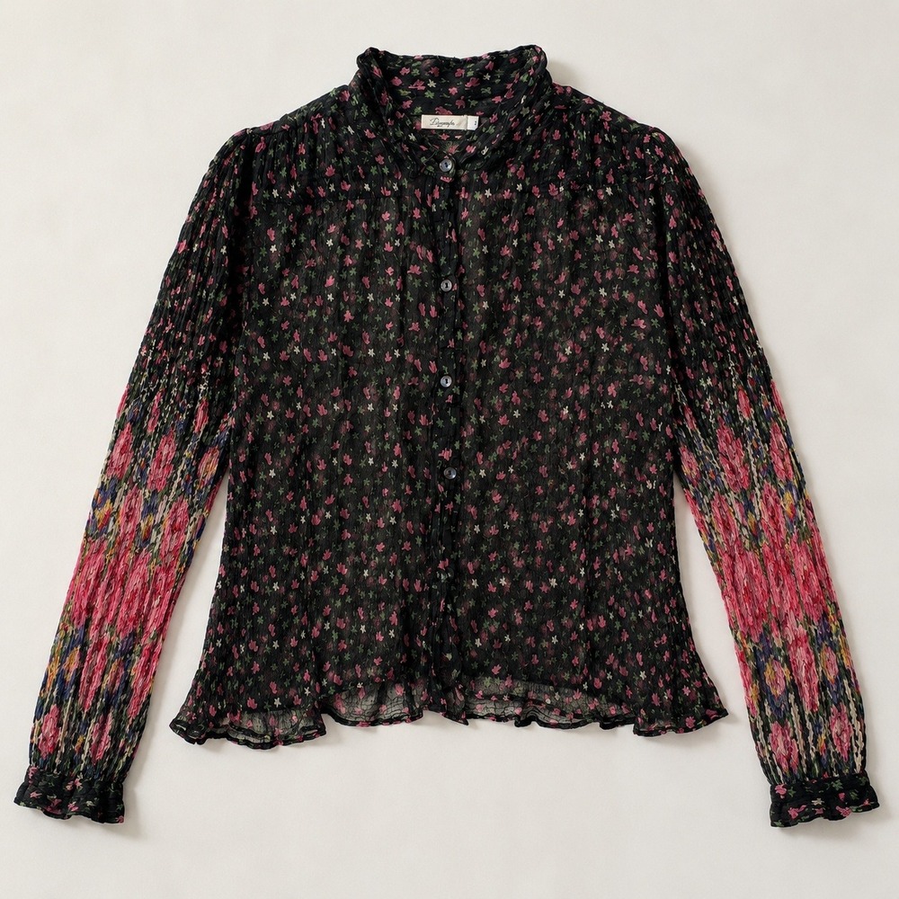 Mes Demoiselles Paris Plisse Crinkle Sheer Boho ethereal Blouse 2 S coquette
